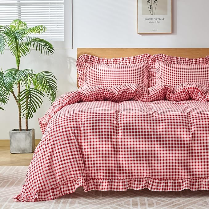 Gingham Duvet Cover King Size, 3 Pieces Soft Breathable Microfiber Plaid by Kisswish