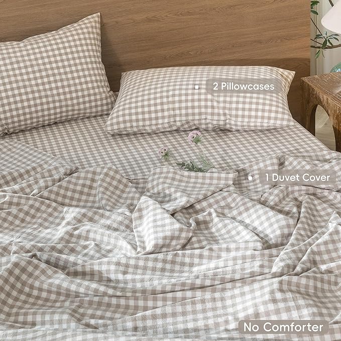 MooMee Gingham Duvet Cover Set 100% Washed Cotton Linen Like Textured - Image 2