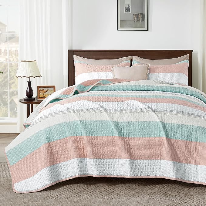 Andency King Size Quilt Set Pink Green, 3 Pieces Summer Ultra Soft Lightweight by Andency