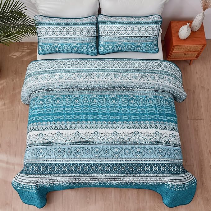 WONGS BEDDING Boho King Quilt Set, Teal and Blue Bohemian Quilt Bedding Set - Image 6