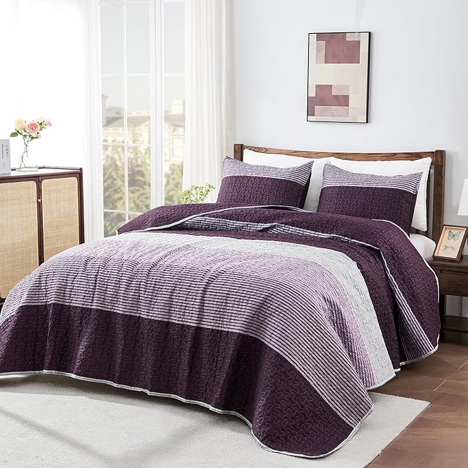 Andency Stripe Quilt Set Cal King, 3 Pieces Purple and Grey Striped Bedspread - Image 6