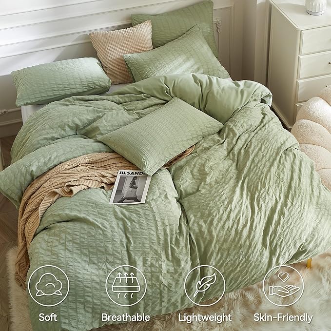 JELLYMONI Light Green Duvet Cover Twin Size, Soft Breathable Seersucker Duvet - Image 2