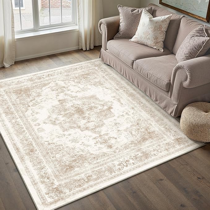 Area Rug 4x6 Cream Washable Office Entryway Vintage Medallion Beige Carpet Non - Image 5