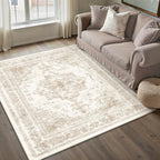 Area Rug 4x6 Cream Washable Office Entryway Vintage Medallion Beige Carpet Non - Image 5