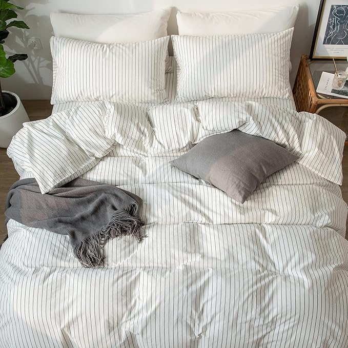 MooMee Striped Duvet Cover Set 100% Washed Cotton Linen Like Textured - Image 4