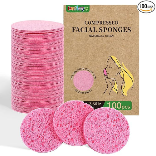100-Count Compressed Facial Sponges, Natural Cellulose Face Sponges by Derloyo