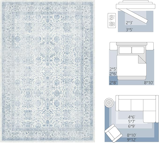 FMFUNCTEX 2x6 Runner Rug Blue Vintage Neutral Washable Distressed Non Slip Low - Image 2