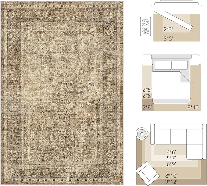 FMFUNCTEX 8x10 Washable Area Rug Brown Vintage Neutral Distressed Large Non - Image 2