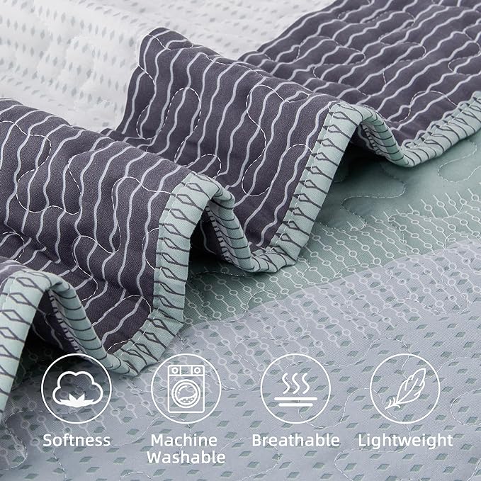 Andency Stripe Quilt Set Twin, 2 Pieces Mint Green Patchwork Striped Bedspread - Image 5