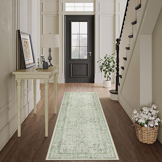 Runner Rug 2x5 Sage Green Hallway Washable Vintage Distressed Kitchen Carpet - Image 5