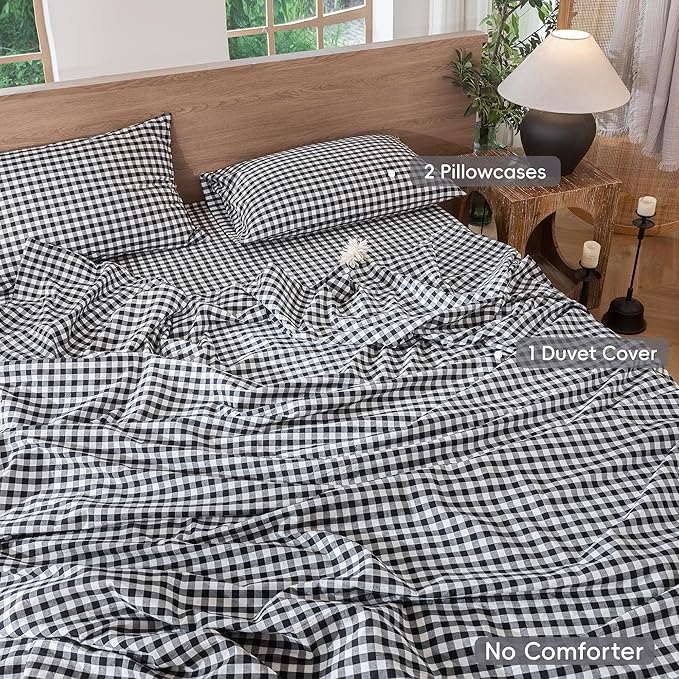 MooMee Gingham Duvet Cover Set 100% Washed Cotton Linen Like Textured - Image 2