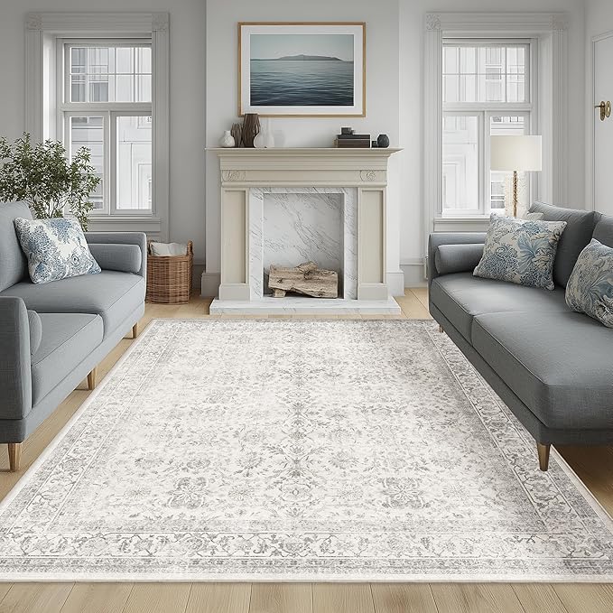 FMFUNCTEX 6x9 Washable Area Rug Grey Vintage Neutral Distressed Large Non Slip by Fmfunctex
