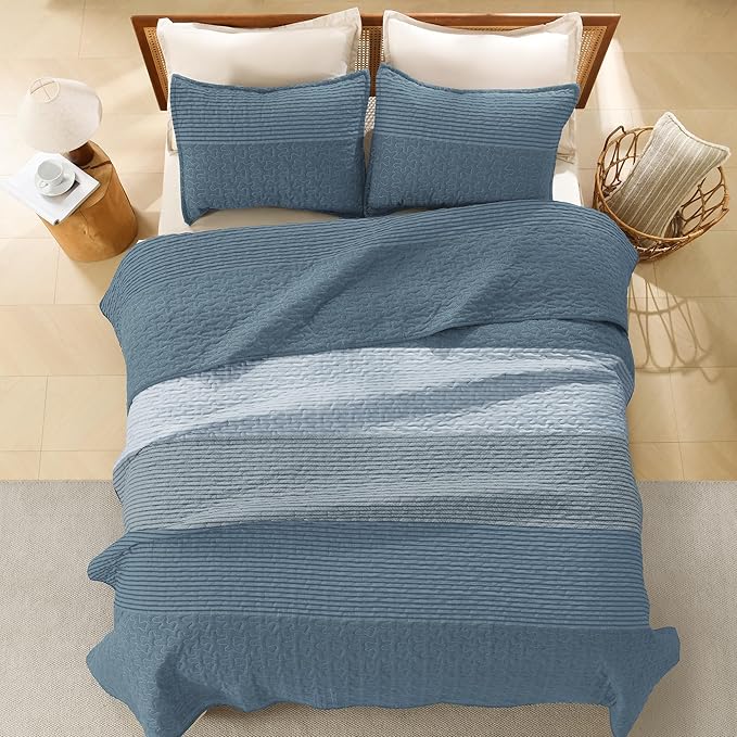 Litanika Quilt Queen Size Blue Linen, Stripe Patchwork Summer Bedspread - Image 3