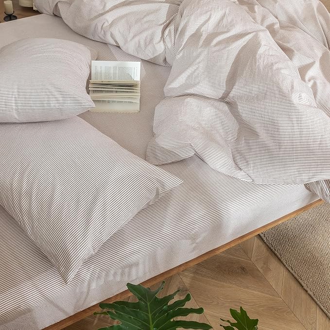 MooMee Striped Duvet Cover Set 100% Washed Cotton Linen Like Textured - Image 8