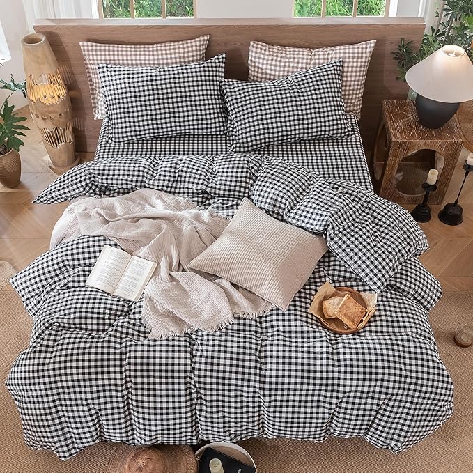 MooMee Gingham Duvet Cover Set 100% Washed Cotton Linen Like Textured - Image 5