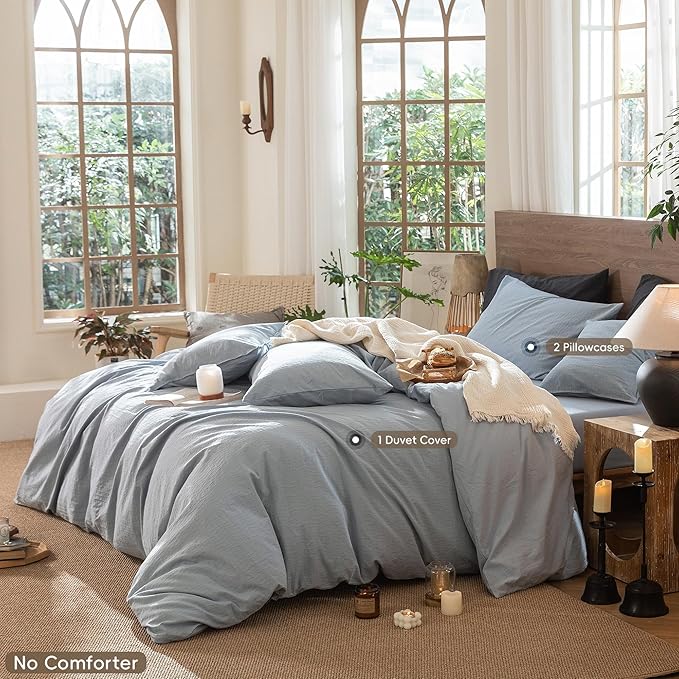 MooMee Wavy Striped Duvet Cover Set 100% Washed Cotton Linen Like Textured - Image 2
