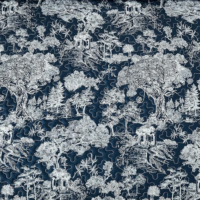 WONGS BEDDING Quilt Set King Size, 3 Pieces Navy Blue Botanical Floral Printed - Image 8
