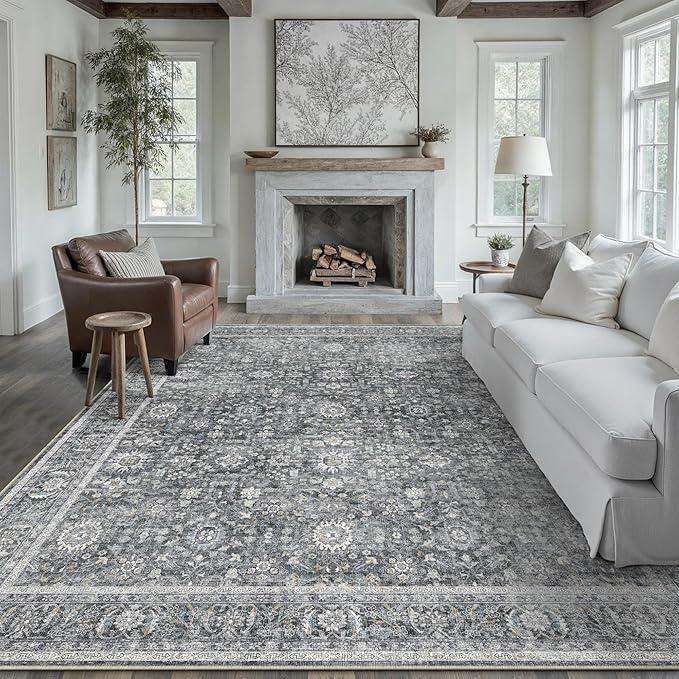 Blue 8x10 Area Rug Non Slip Large Vintage Living Room Distressed Machine by PureCozy