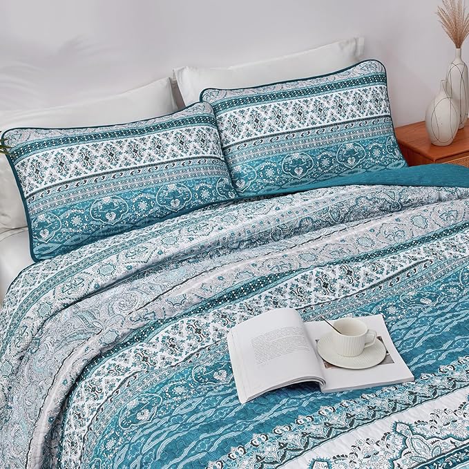 WONGS BEDDING Boho King Quilt Set, Teal and Blue Bohemian Quilt Bedding Set - Image 4