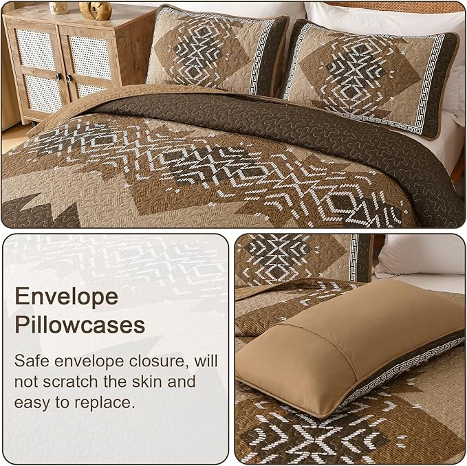 Dintszyayue Brown Quilt Set Queen Size, 3 Piece Boho Aztec Texture Bedspread - Image 6