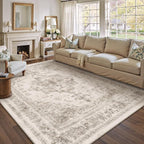 Area Rug 10x12 Beige Washable Living Room Carpet Non Slip Vintage Medallion - Image 5