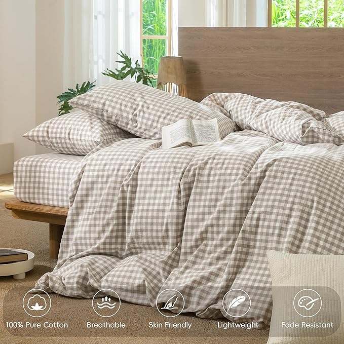 MooMee Gingham Duvet Cover Set 100% Washed Cotton Linen Like Textured - Image 4
