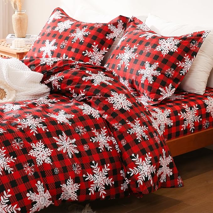JSD Red Buffalo Plaid Snowflakes Duvet Cover Set Queen Size, 3 Piece Christmas - Image 2