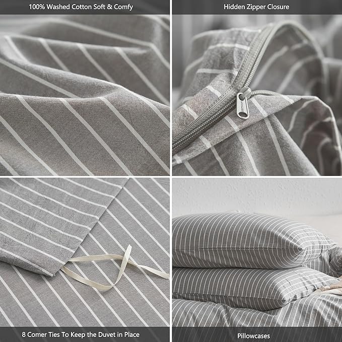 MooMee Striped Duvet Cover Set 100% Washed Cotton Linen Like Textured - Image 6