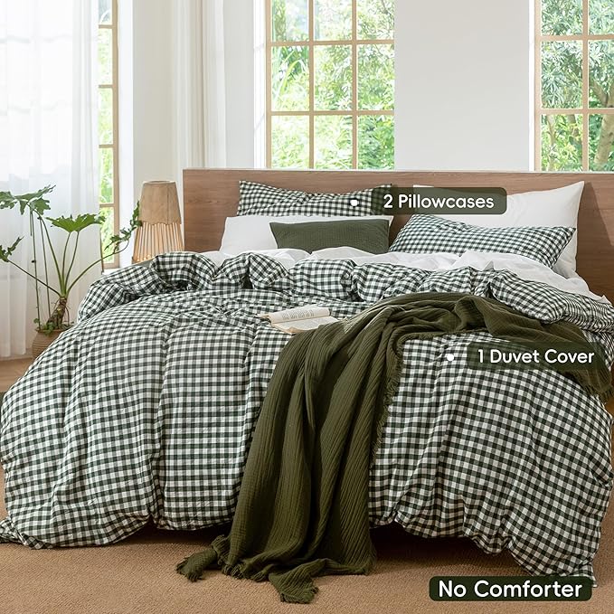 MooMee Gingham Duvet Cover Set 100% Washed Cotton Linen Like Textured - Image 2