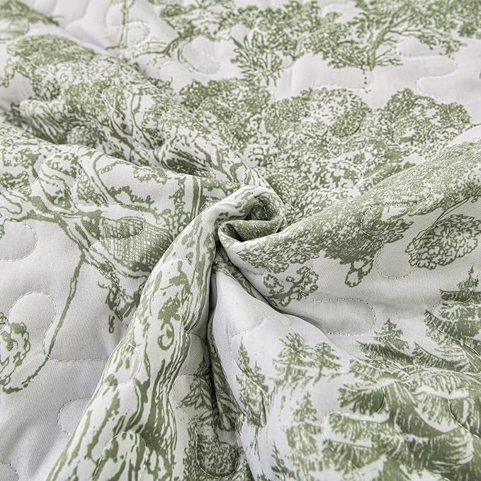WONGS BEDDING Botanical Quilt Set Queen Size, Sage Green 3 Pieces Toile Floral - Image 7