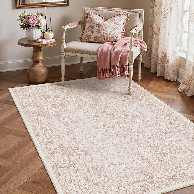 Pink Area Rug 3x5 Office Entryway Rug Machine Washable Kitchen Vintage by PureCozy