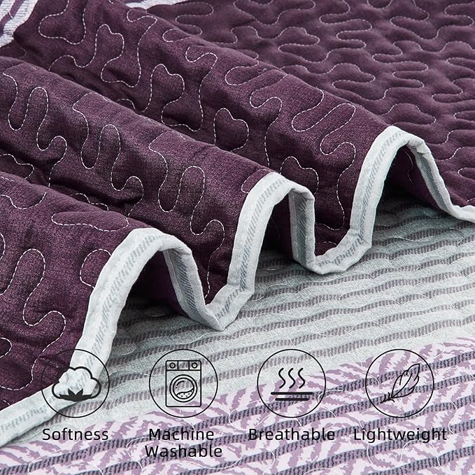 Andency Stripe Quilt Set Cal King, 3 Pieces Purple and Grey Striped Bedspread - Image 5