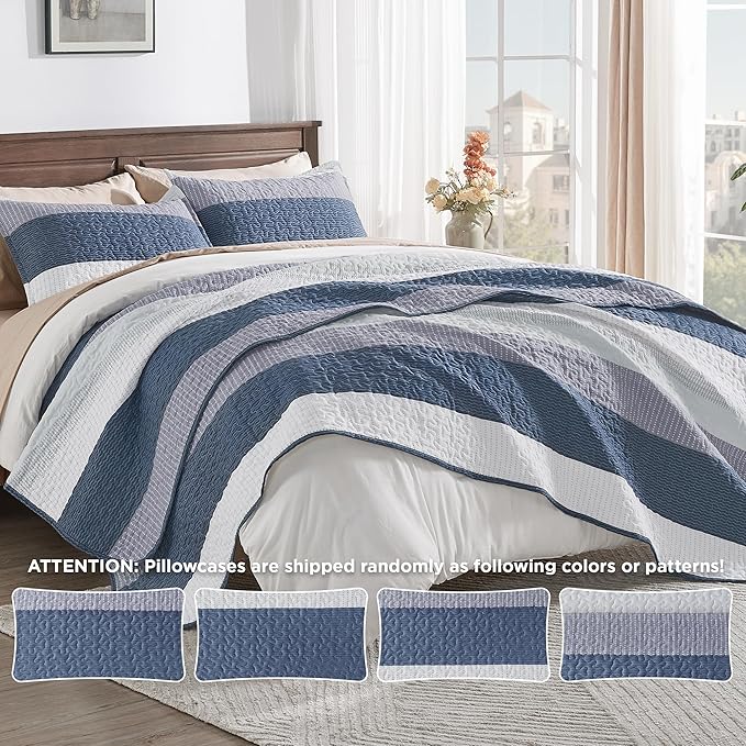 Andency Oversized King Quilt Set Mineral Blue, 128x120 Stripe Bedspread - Image 5