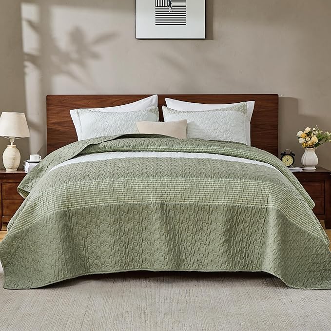 Andency Queen Quilt Bedding Set Weat Green, 3 Pieces Patchwork Summer Striped - Image 8
