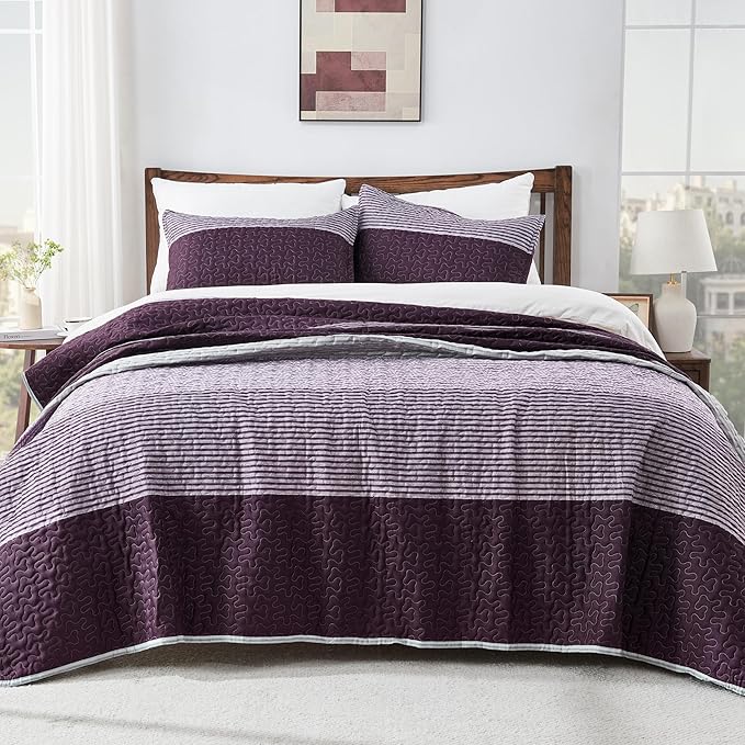 Andency Stripe Quilt Set Queen, 3 Pieces Purple and Grey Patchwork Bedspread - Image 8