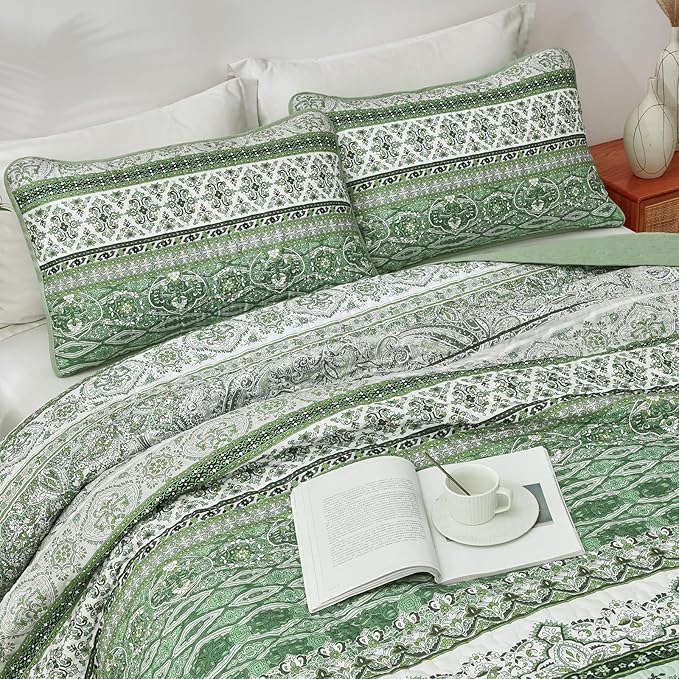 WONGS BEDDING Boho King Quilt Set, Light Green Bohemian Quilt Bedding Set - Image 4