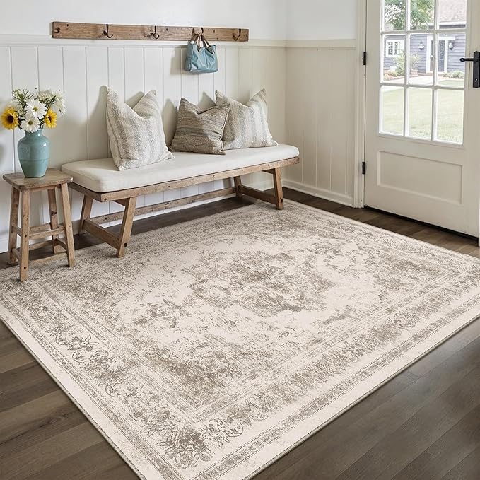 Area Rug 4x6 Beige Washable Office Entryway Vintage Medallion Carpet Non Slip - Image 5