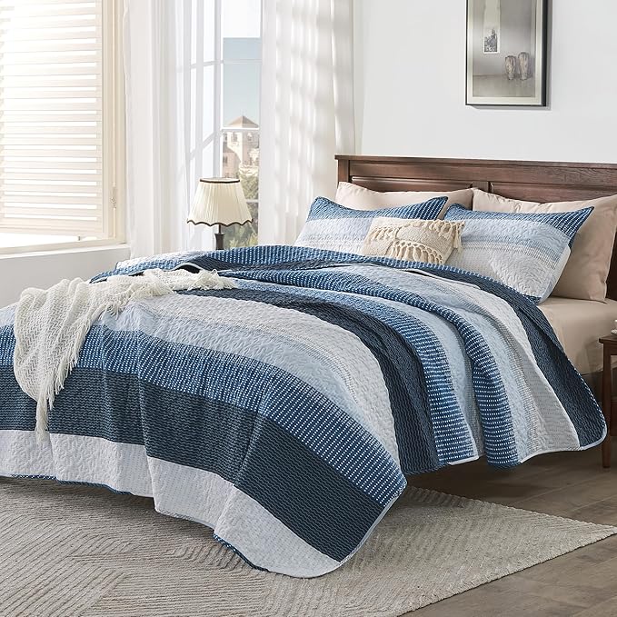 Andency Navy Blue Striped Quilt Set Cal King, 3 Pieces Patchwork Bedspread - Image 3