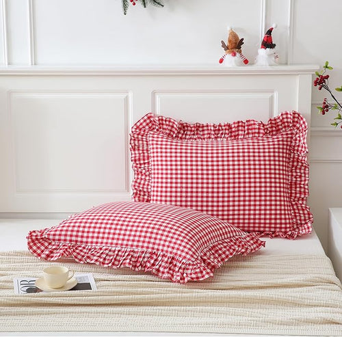 2 Pack Red/White Gingham Pillowcase 20x26 inches 100% Washed Cotton Ruffled - Image 2