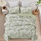 WONGS BEDDING Botanical Quilt Set King, Sage Green 3 Pieces Toile Floral Plants - Image 3