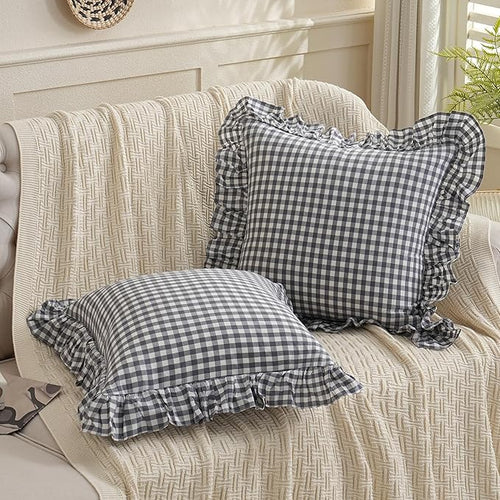 2 Pack Grey/White Plaid Ruffled Throw Pillow Sham 20 x20 inches, Washed Cotton - Image 2
