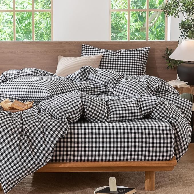 MooMee Gingham Duvet Cover Set 100% Washed Cotton Linen Like Textured - Image 6