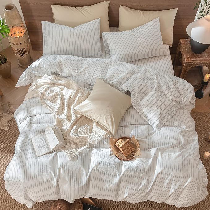 MooMee Striped Duvet Cover Set 100% Washed Cotton Linen Like Textured - Image 5