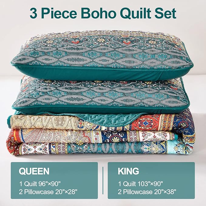 WONGS BEDDING Boho King Quilt Set, Lightweight Microfiber Bed Decor Bedspread - Image 6