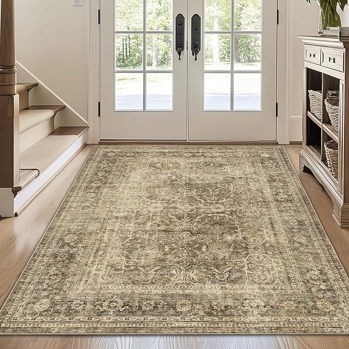 FMFUNCTEX 3x4 Washable Area Rug Brown Vintage Neutral Non Slip Low Pile by Fmfunctex