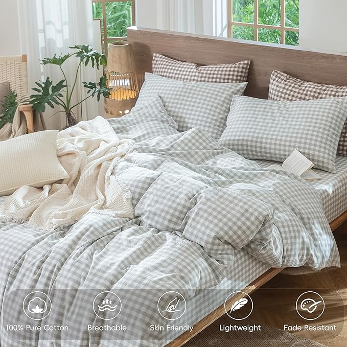 MooMee Gingham Duvet Cover Set 100% Washed Cotton Linen Like Textured - Image 4