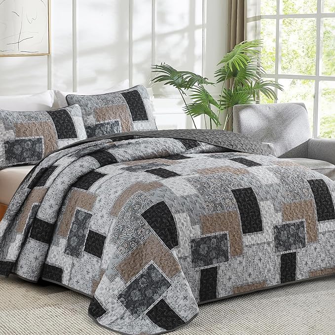 Xruibed Grey Quilt Set Queen Size 3 Pieces Plaid Floral Boho Bedspread Coverlet - Image 2
