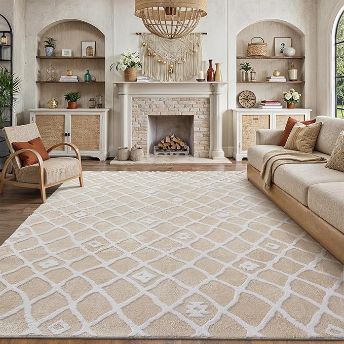 Ivory 8x10 Area Rug Moroccan Shag Living Room Washable Carpet Soft Non Shedding by PureCozy