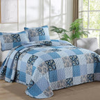 Xruibed Blue Quilt Set King Size 3 Pieces Plaid Floral Boho Bedspread Coverlet - Image 2