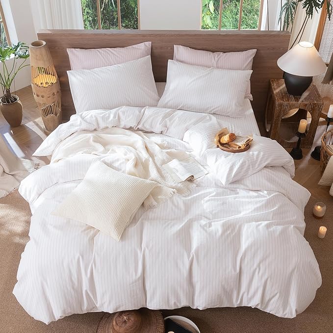 MooMee Striped Duvet Cover Set 100% Washed Cotton Linen Like Textured - Image 5